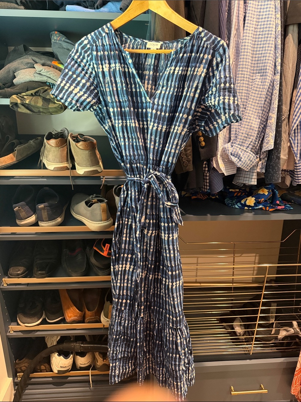 J. Crew Blue Patterned V-Neck Maxi Dress with Waist Tie